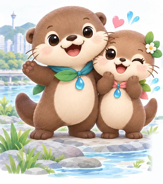 온천천 물가에 나란히 선 부부 온처니 큰 그림