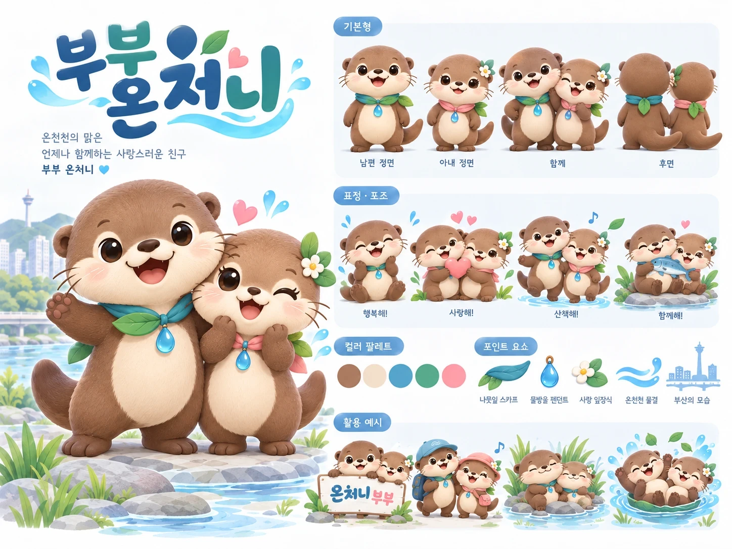 부부 온처니 캐릭터 소개 그림 · 기본형, 표정과 포즈, 컬러 팔레트, 포인트 요소, 활용 예시