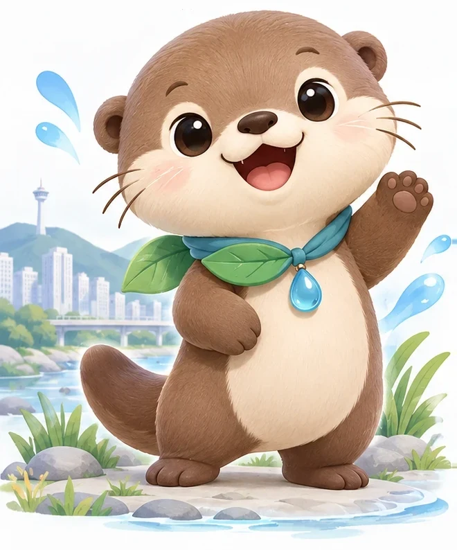 온천천 물가에서 손을 흔드는 수달 캐릭터 온처니 큰 그림