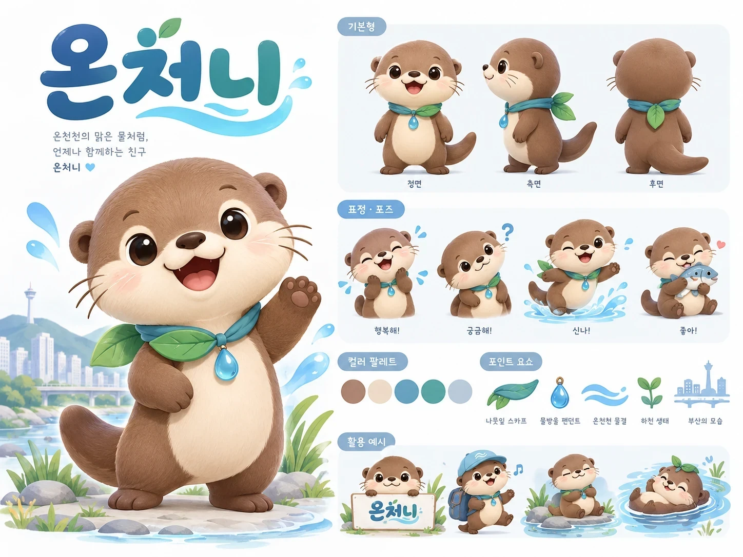 온처니 캐릭터 소개 그림 · 기본형, 표정과 포즈, 컬러 팔레트, 포인트 요소, 활용 예시